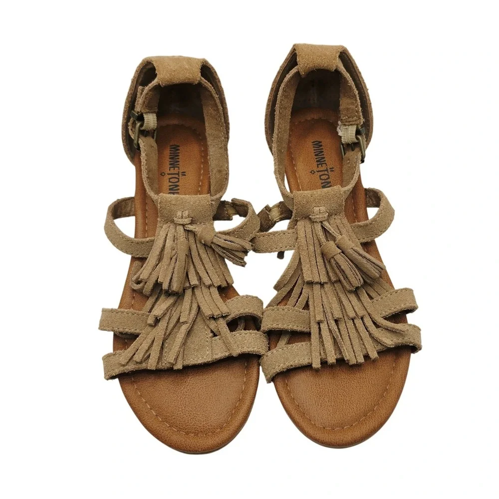 Minnetonka Wedge Sandals Women 6 Tan Suede Fringe Gladiator 71609 TPE